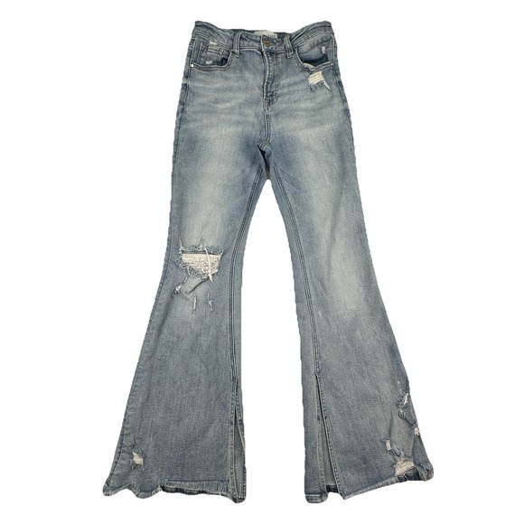 Risen Distressed Slit Flare Jeans Womens  9/29 High Rise Light wash Raw Hem - Picture 1 of 14
